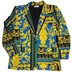 Intempo Baroque Dopamine Blazer Jacket Blue Gold Chain Medallion XL Bold